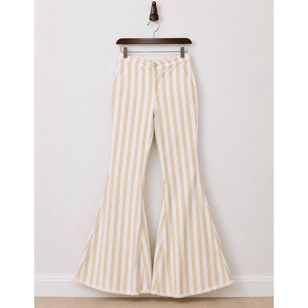 Peach Love Super Flare Pants Medium (27 x 32.5) Beige White Stripe Stretch Boho